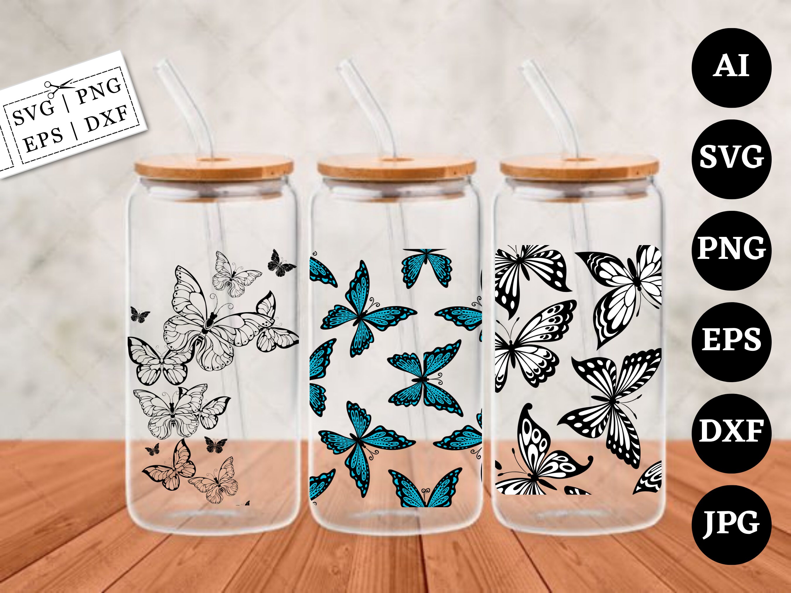 16oz Butterfly Libbey Glass Can SVG, Butterfly Full Wrap Glass Can ...
