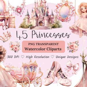 Watercolor Pink Princess Clipart, Little Princess Clipart, Fairytale Clipart, Princess and Castle Png, Watercolor Clipart, Princess