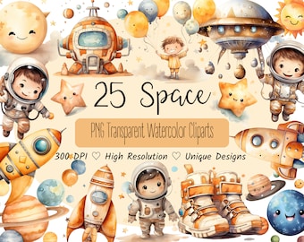 Space Watercolor Clipart for Nursery Decor, Cute Astronaut & Planets PNG, Rocket Illustrations for Kids Art Prints, Birthday Party Graphics