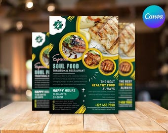 Può includere: Un volantino promozionale per un ristorante di soul food. Il design presenta immagini di cibo grigliato, con il testo "Special Soul Food Traditional Restaurant" e "The Best Healthy Food Always". Il volantino include informazioni sull'happy hour e un numero di telefono.