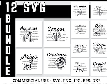 May include: A black and white graphic design bundle featuring 12 zodiac signs with associated traits and illustrations. The text "12 SVG BUNDLE" is at the top, and "COMMERCIAL USE - SVG, PNG, JPG, EPS, DXF" is at the bottom.
