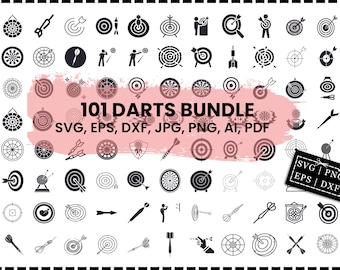 Puede incluir: Un conjunto de 101 archivos digitales con temática de dardos, en formatos SVG, EPS, DXF, JPG, PNG, AI y PDF. La imagen presenta varios iconos de dianas y dardos en blanco y negro, junto con el texto "101 DARTS BUNDLE".