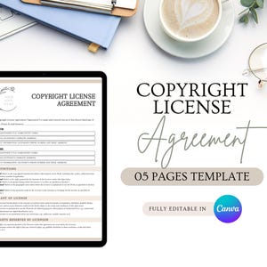 May include: A digital copyright license agreement template displayed on a tablet. The document includes sections for license details and definitions. The image also shows a keyboard, coffee cup, glasses, and the text "COPYRIGHT LICENSE AGREEMENT".