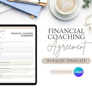 Può includere: Un tablet digitale mostra un modello di accordo di coaching finanziario. Il testo recita "Financial Coaching Agreement" e "03 Pages Template". L'immagine include una tastiera, una tazza di caffè, occhiali e un blocco per appunti.