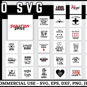 May include: A bundle of 30 SVG designs for blood donation awareness. The designs feature various phrases and graphics related to blood donation, such as "Donate Blood", "Give Blood", "Just the Tip I Promise", and "Blood Donation Shirt".