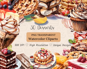 Sweet Dessert Watercolor Clipart, Cakes & Pastries PNG, Bakery Clipart Set, Dessert Art Bundle, Dessert PNG Set, Commercial Use
