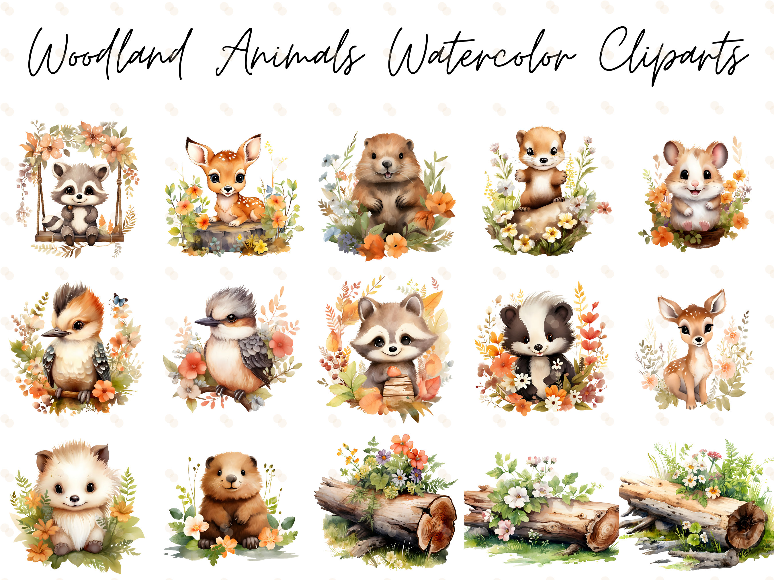 Woodland Animals Watercolor Clipart Bundle, Fox Bear Deer Owl Bunny ...