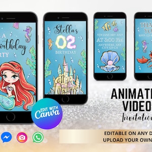 Ariel Little Mermaid Video Invitation with Song, Little Mermaid Birthday Party Animated Invite, Little Mermaid Digital Invitation with Music