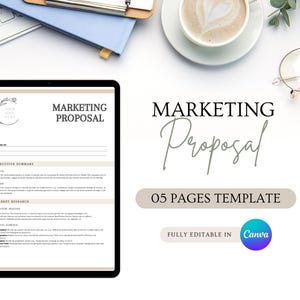 Może przedstawiać: Szablon propozycji marketingu cyfrowego wyświetlany na tablecie. Dokument zawiera kwiatowe logo i tytuł "MARKETING PROPOSAL". Dodatkowy tekst to "05 PAGES TEMPLATE" i "FULLY EDITABLE IN Canva."