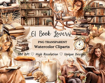 Aquarel boekenliefhebber clipart, boekenwurm png-bundel, lezen meisje clipart, koffie en boeken kunst, boek png-set, digitale download