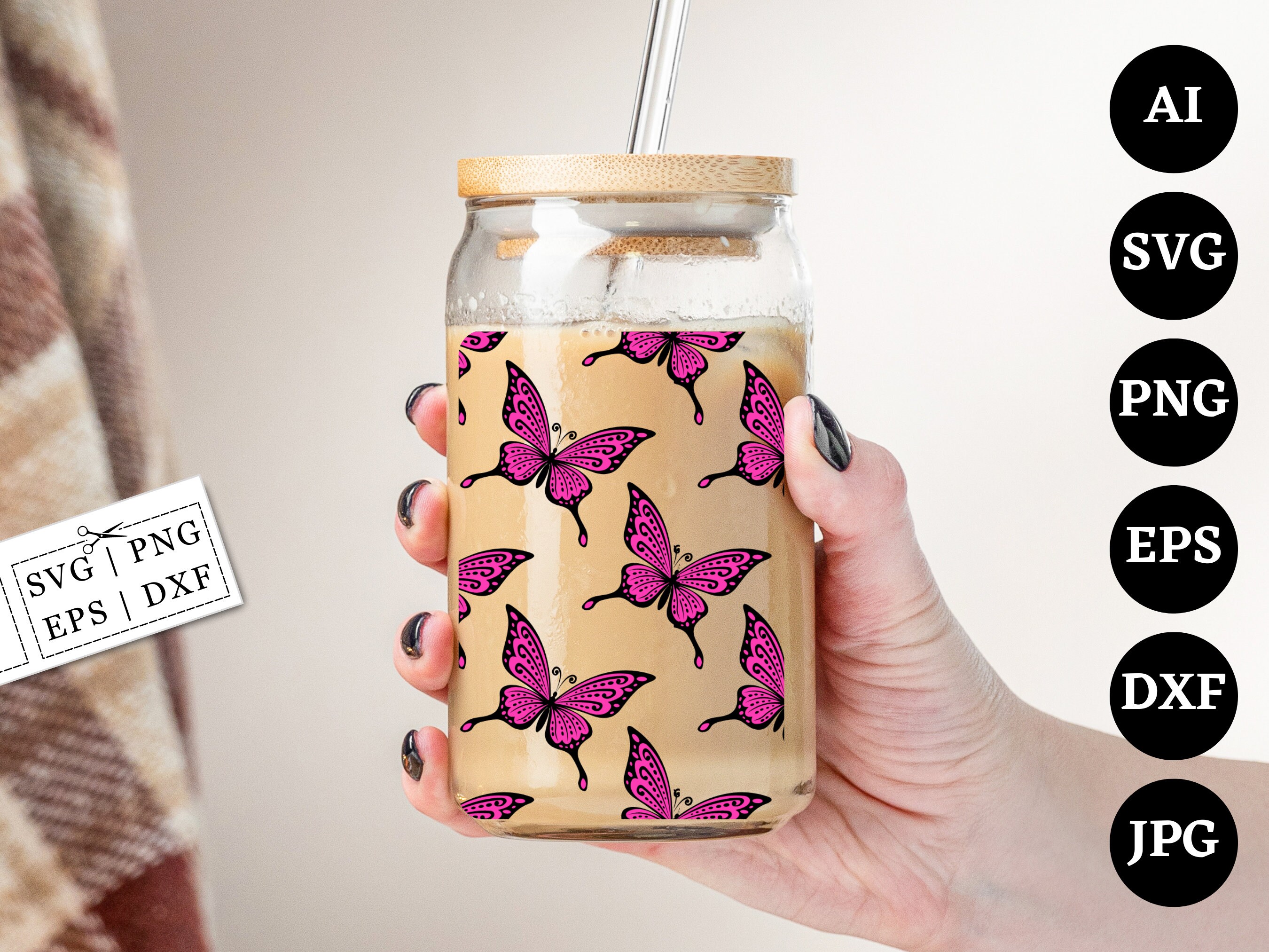 16oz Butterfly Libbey Glass Can Svg, Butterflies Glass Can Wrap Svg ...