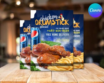 May include: A promotional image for a chicken drumstick special. The image features three flyers with a blue background, a Pepsi can, fried chicken, and fries. Text includes "Chicken Drumstick Special" and a phone number for online orders.