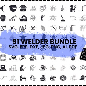 Peut inclure: Une collection de 91 illustrations sur le thème du soudeur en noir et blanc. L'image comprend divers outils de soudure, équipements et figures de travailleurs. Le texte sur l'image indique "91 WELDER BUNDLE" et les formats de fichiers: SVG, EPS, DXF, JPG, PNG, AI, PDF.