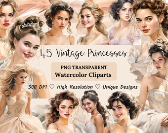 Aquarell Vintage Prinzessin Clipart, Prinzessin PNG Bundle, Retro Märchen Clip Art, elegante Prinzessin Illustrationen, druckbare PNG-Set