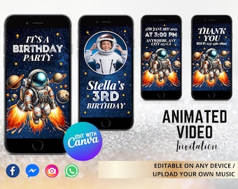 Invitación de cumpleaños espacial animada, invitación de astronauta, astronauta de cumpleaños, invitación de cumpleaños espacial, Canva