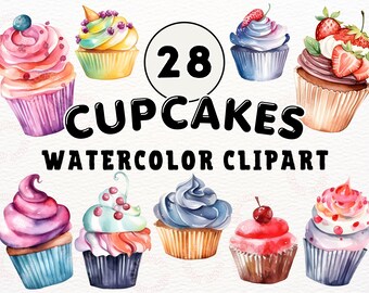 Watercolor Cupcakes Clipart, Watercolor Bakery Clipart, Watercolor Cupcakes Bundle, Dessert Clipart Png, Cupcake Clipart, Commercial Use