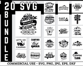 Camping SVG-paket, Camping Svg, Campingliv Svg, Sommar Svg, Äventyr Svg, Lägereld Svg, Vandring Svg, Glad Campare Svg, Campingbesättning SVG