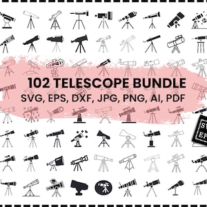 Könnte beinhalten: Eine Sammlung von 102 Teleskop-Illustrationen in verschiedenen Stilen, darunter Teleskope auf Stativen und Sockelhalterungen. Das Bild enthält den Text "102 TELESCOPE BUNDLE" und Dateiformatoptionen: SVG, EPS, DXF, JPG, PNG, AI und PDF.