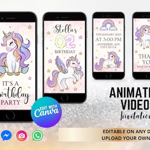 Unicorn Birthday Invitation, Unicorn Party Invite, Rainbow Unicorn Party, Editable Invitation, Video Invitation Template, Girl Birthday