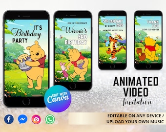 Puede incluir: Invitación de video animada con Winnie de Pooh y Tigger. La invitación es para la fiesta de cumpleaños número 3 de Winnie, el 5 de enero a las 3:00 PM. La invitación es editable en cualquier dispositivo y puedes subir tu propia música.