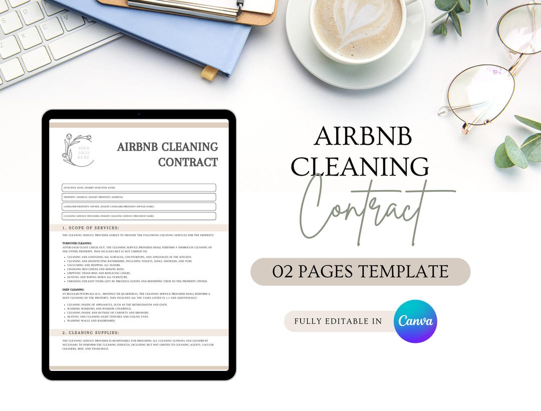 Airbnb Cleaning Contract Template, Editable Housekeeping Agreement