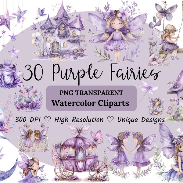 Purple Fairies Watercolor Clipart, Watercolor Fairies Clipart, Butterfly Clipart, Purple Fairy Clipart Png, Purple Fairies Clip Art