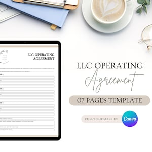 May include: A digital tablet displaying an LLC Operating Agreement template. The document features fields for member information. The image also includes a keyboard, a cup of coffee, glasses, and the text "07 PAGES TEMPLATE."