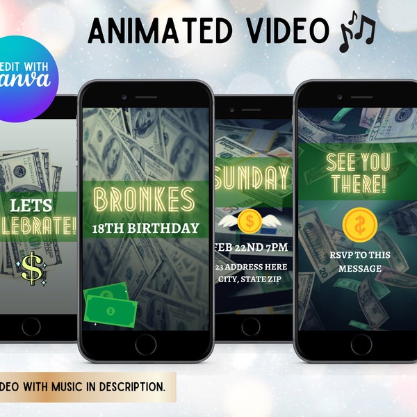 Money Video Invitation, Video Evite, Animated Invite, Money Theme Party, Money Party, Text Invite, Invite with music, Money Theme Vide