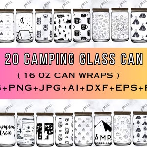 Lata de vidrio para acampar de 16 oz Libbey Svg, envoltura de lata de vidrio para acampar Svg, Happy Camper Svg, lata de vidrio para exteriores Svg, archivos PNG, envoltura de lata de vidrio Libbey