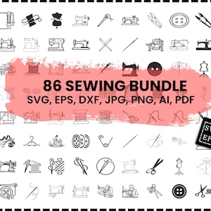 Puede incluir: Ilustración de 86 iconos de costura, incluyendo máquinas de coser, tijeras e hilos. El texto "86 SEWING BUNDLE" se muestra sobre un fondo rosa, con opciones de tipo de archivo. Un conjunto para entusiastas de la costura.