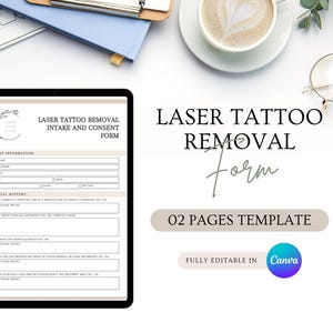 Op de afbeelding: Een digitale tablet toont een intake- en toestemmingsformulier voor laser tattoo verwijdering. Het formulier bevat secties voor klantinformatie en medische geschiedenis. De tekst "02 PAGES TEMPLATE" is ook zichtbaar.