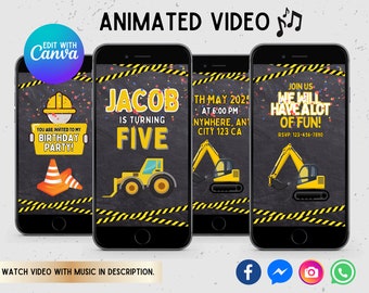 Construction Video Invitation Canva Template, Editable Construction Party Evite, Kids Builder Invite, Animated Birthday Video Invite