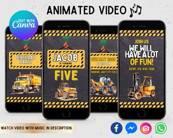 Animated Birthday Video Invitation,  Construction Invitation, Construction Birthday Invitation, Construction Party Invitation, Party Invite