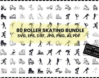 Puede incluir: Un paquete gráfico en blanco y negro con 80 diseños de patinaje sobre ruedas. Incluye siluetas de patines y patinadores en varias poses, junto con formatos de archivo: SVG, EPS, DXF, JPG, PNG, AI y PDF.