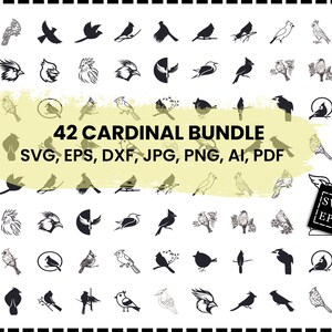 May include: A set of 42 black and white cardinal bird illustrations in various poses. The illustrations are in SVG, EPS, DXF, JPG, PNG, AI, and PDF formats. The text "42 Cardinal Bundle" is in the center of the image.