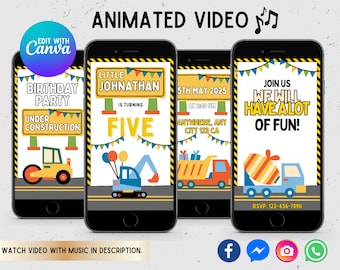 Editable Construction Video Invitation,  Construction Birthday Party, Animated Invite Template for Personalized Dump Truck Party Invitation