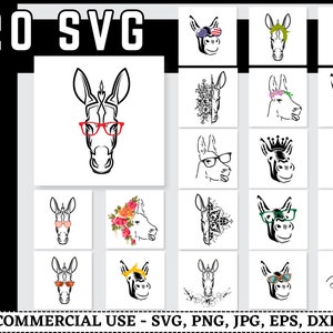 May include: A set of 20 SVG cut files featuring a donkey wearing various accessories, including glasses, flowers, and a crown. The text "20 SVG Bundle" is displayed on the left side of the image. The text "Commercial Use - SVG, PNG, JPG, EPS, DXF" is displayed at the bottom of the image.