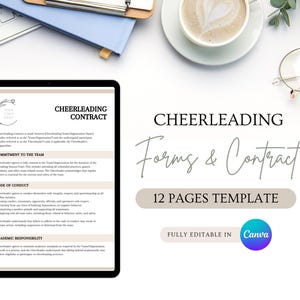 May include: A digital tablet displays a "Cheerleading Contract" form. The image includes text: "Cheerleading Forms & Contract, 12 Pages Template, Fully Editable in Canva." A keyboard, coffee cup, and glasses are also visible.