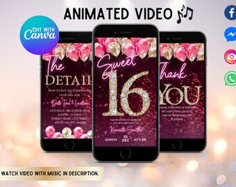 Könnte beinhalten: Drei Smartphones, die eine animierte Sweet 16-Einladung anzeigen. Das Design zeigt rosa und goldene Ballons, funkelnden Text und die Worte "Sweet 16" und "Thank You". Die Einladung enthält Eventdetails.