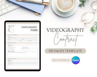 Modèle de contrat de vidéographie, contrat de services vidéo modifiables, formulaire de contrat juridique pour vidéaste d'événement de mariage