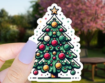Árbol de Navidad festivo con estrella radiante - Pegatina de vinilo impermeable de 2 pulgadas