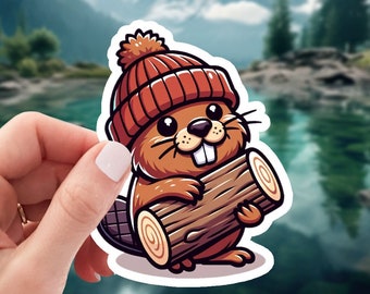 Pegatina de castor invernal: estilo animado, vinilo impermeable (5 cm)