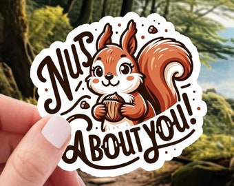 Adorable Squirrel with Nut - 'Nuts About You' Theme - 2 Inch Waterproof Vinyl Sticker