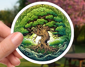 Borde circular de árbol verde exuberante - pegatina de vinilo impermeable de 2 pulgadas