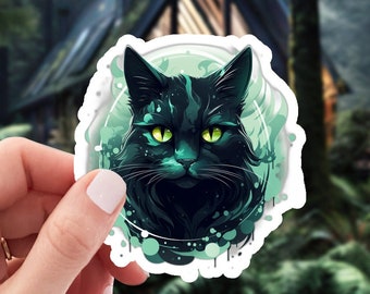 Elegante gato negro con ojos verdes - pegatina de vinilo impermeable de 2 pulgadas