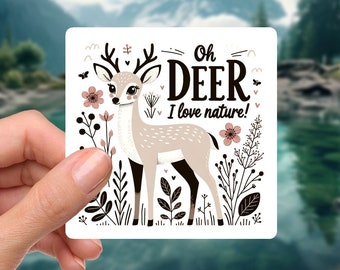 Adhesivo de vinilo impermeable con diseño de ciervos y flores - Oh Deer I Love Nature