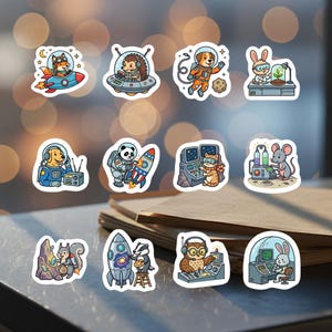 May include: A collection of colorful stickers featuring cartoon animals in space and science settings. Includes a fox in a rocket, a hedgehog in a spaceship, a dog in a spacesuit, and a bunny in a lab.