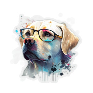 May include: A watercolor painting of a dog wearing glasses. The dog is a Labrador Retriever with a white coat and brown eyes. The glasses are black and have a gold frame. The background is a white canvas with splashes of blue, green, and yellow paint.