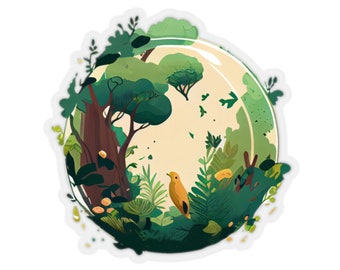 Adhesivo de vinilo resistente al agua - Adhesivo de vinilo redondo con escena de la naturaleza adorable con pájaros, árboles y arbustos para los amantes de la vida silvestre