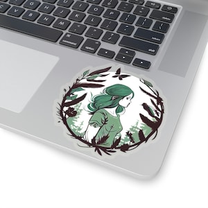 Waterproof Vinyl Sticker - Blossoming Nature Beauty Round Vinyl Sticker with Floral Woman/Girl Design for Nature Lovers